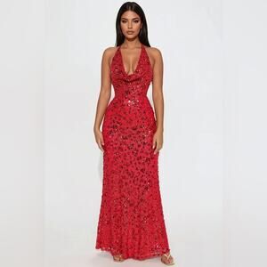 Fashion Nova Red Sequin Halter Maxi Dress